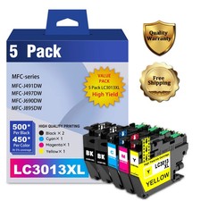 Compatible LC3013XL 5-Pack Ink (2BK/1C/1M/1Y) for Brother MFC-J497DW J895DW