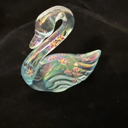 Fenton Swan Iridescent Floral Light Blue Handpainted