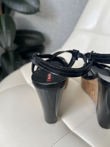 Prada Black Patent Leather Cork Wedge Sandals Shoes Size 37 - Picture 20 of 24