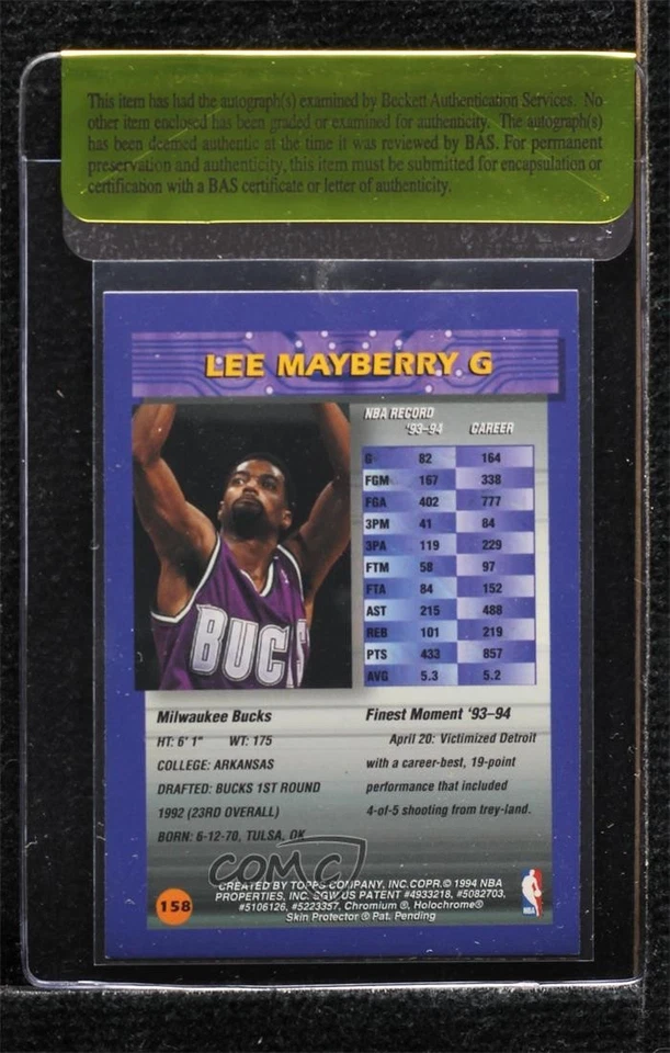 BAS 1994-95 Topps Finest Lee Mayberry #158 Beckett Auth Sticker Auto - Image 2 of 2
