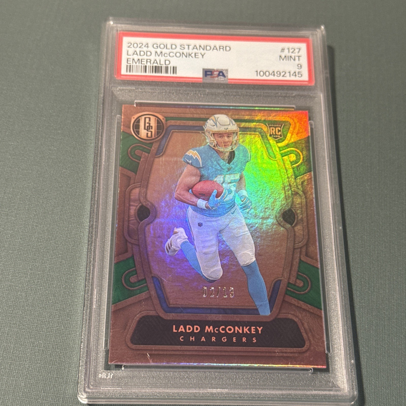2024 Panini Gold Standard Ladd McConkey RC Emerald Rookie #2/13 Chargers PSA 9