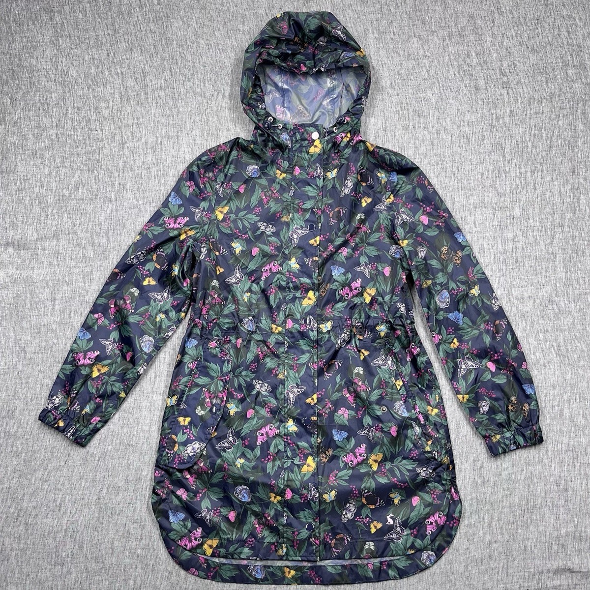 Joules Raincoat Jacket Butterfly AOP Light Packable Pockets Navy