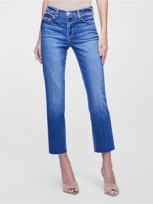 L AGENCE High Rise Cropped Flare Jeans Blue Raw Hem Ankle Denim