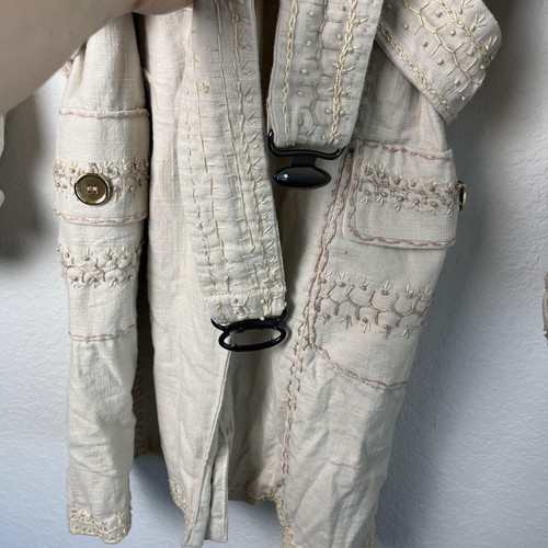 Embroidered Cape Vintage Trench Coat Large Ivory Beige Belted Detachable Lined - Picture 3 of 14