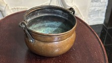 Kleiner antiker Kessel Kupfer Eisenhenkel Kupferkessel Topf Patina 10 x 14 cm