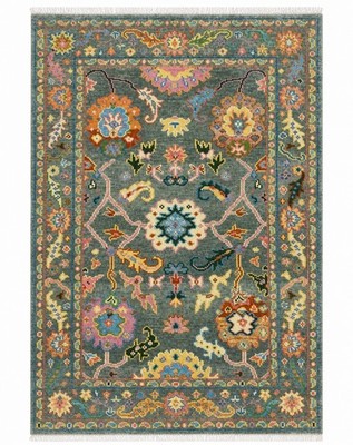6x9 ft Handknotted Oushak Rug for Living Room, Green Floral Design Modern Carpet