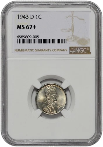 1943 D 1c Lincoln Steel Wheat Cent NGC MS 67 +  with Light Gold Toning
