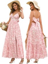  Women's Summer Wedding Guest Floral Maxi Sundress Lace V Medium Pinkfloral