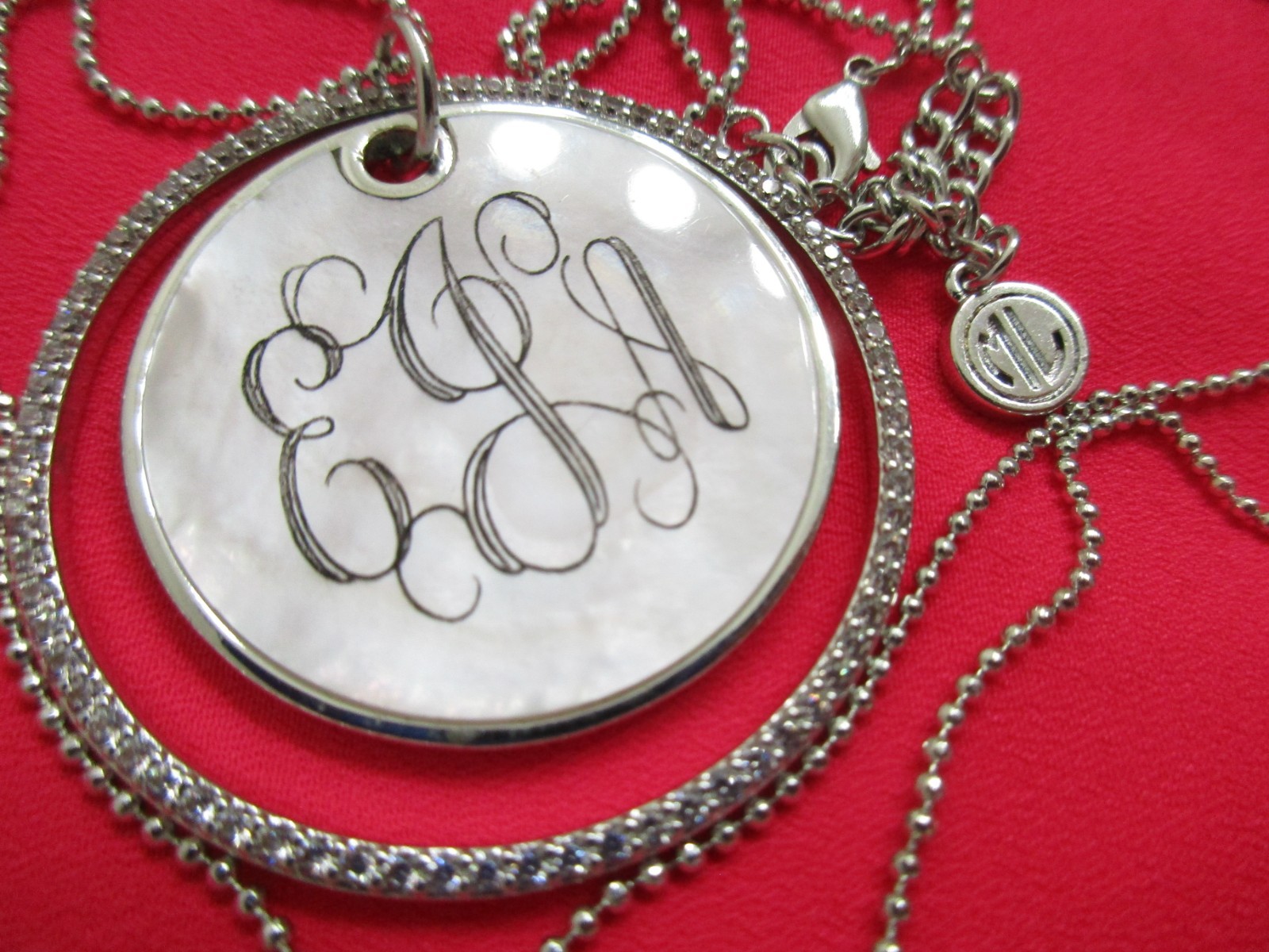 Signed ML Monogram Two Circle MOP/Crystals Pendan… - image 15