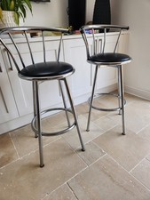 2 Number Used Kitchen High Bar Stools In Chrome with BlacK Seating Cushions VGC