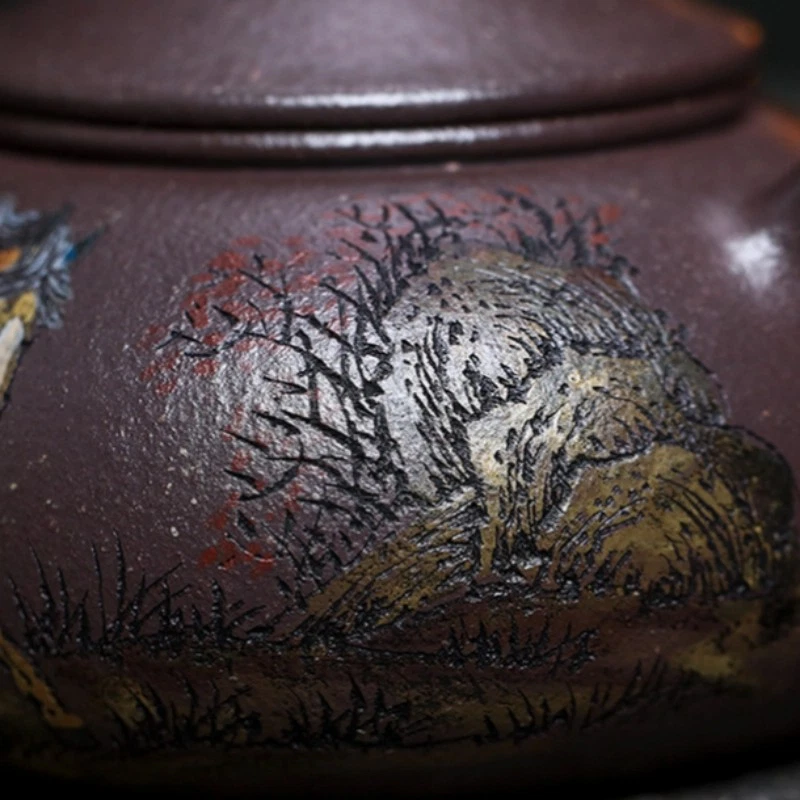 Tetera Hecha a Mano 14 Agujeros Infusores Caballo Tallado Real Yixing Zisha Antigua Arcilla Púrpura Foto 3 de 4