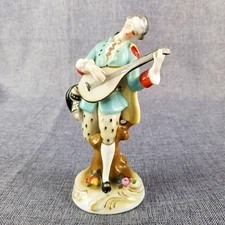 Vtg Rococo Porcelain Musician Figurine Dresden Style Hand Painted Man with Lute