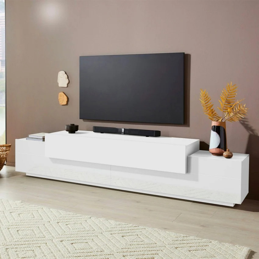 Meuble TV 240cm blanc Corona Low Bial pour cacher les câbles et ranger le salon