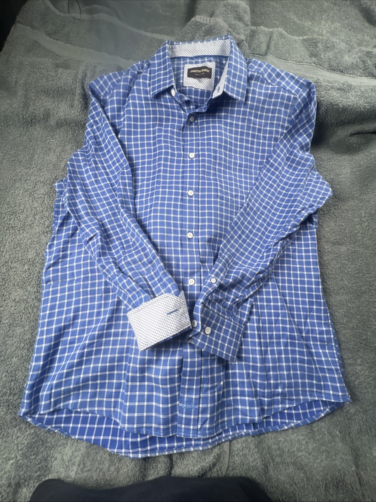 Johnston Murphy Shirt Mens Large Blue White Check Tailored Fit Dress Button Up