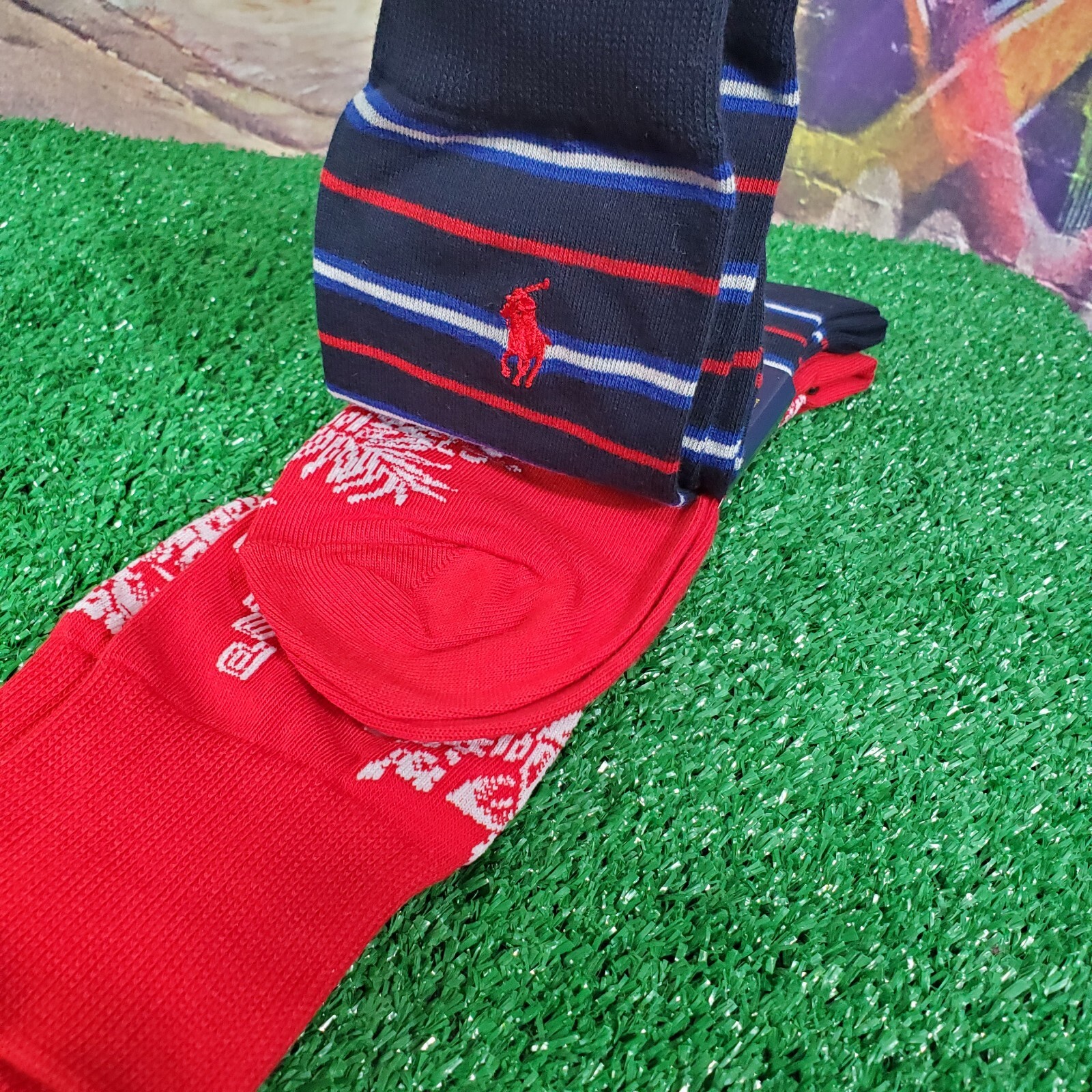 Polo Ralph Lauren 2 paia calze orso pony hawaiano rosso blu taglia unica (A29)