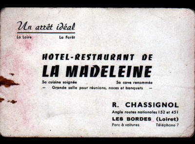 LES BORDES (45) HOTEL-RESTAURANT ''LA MADELEINE / R. CHASSIGNOL'' Visitenkarte