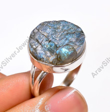 Natural Raw Labradorite Ring Blue Stone 925 Sterling Silver Statement Boho Rings