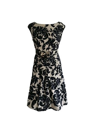 Hoss Intropia EU 38 UK 10 Beige/Schwarz Jacquard Baumwolle Flügelärmel Gürtel Kleid.