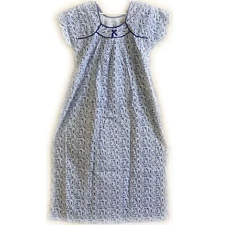 White Blue Short Sleeve Cotton Floral Print Slipon Boho Stylish Nightgown L-53"