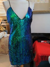 Prettylittlething Blue Green Sequin Dress Strappy Size 10