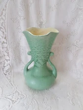 1920s Era Weller ? Pottery Matte Two Tone Green Double Handled Vase 7.25"