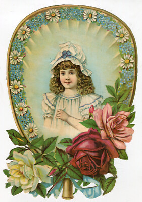 Oblaten scrap die cut chromo XL Fächer Blumen-Rosen Mädchen 24,2 cm
