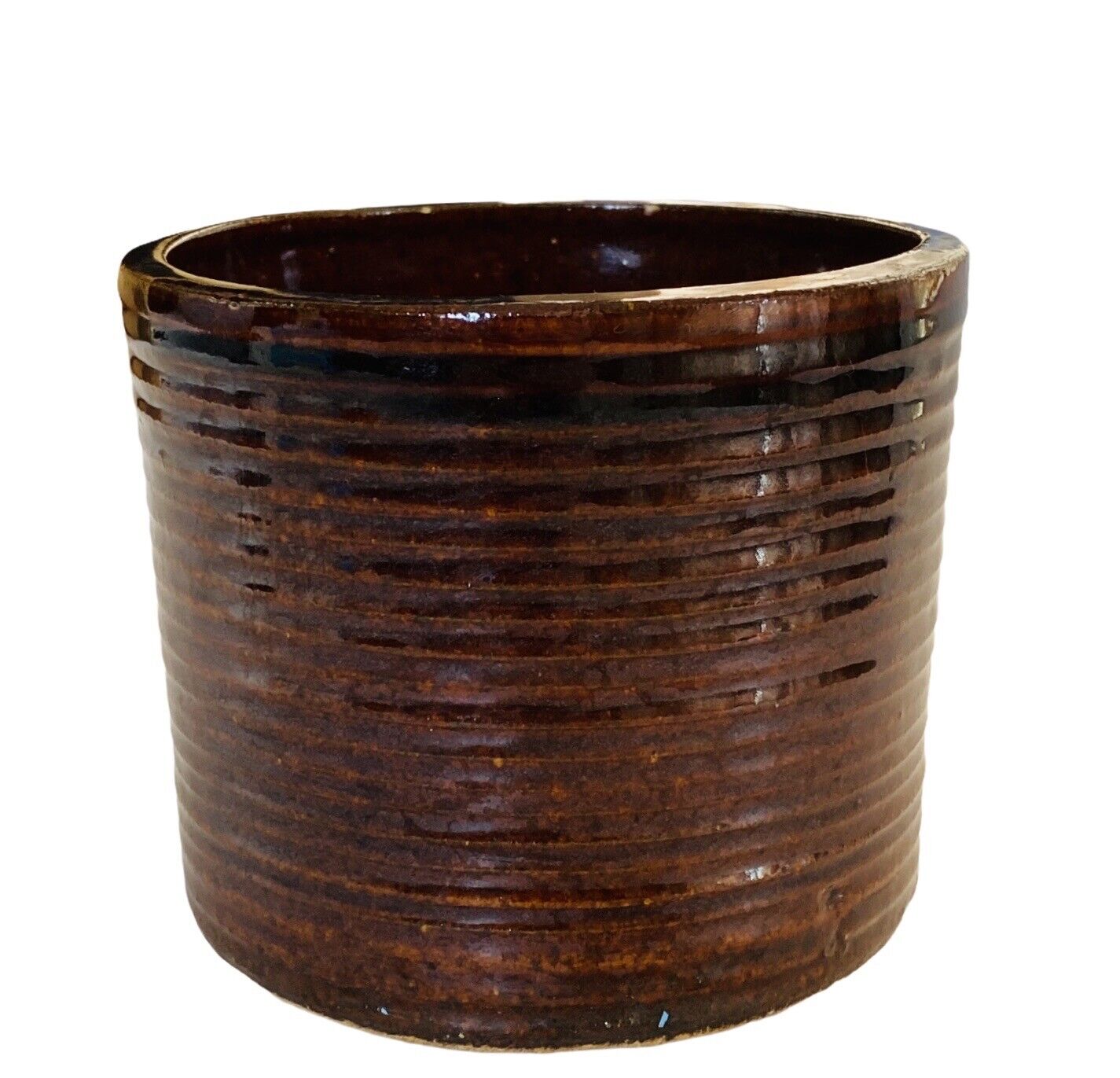 Antique Hand Built Pottery Crock Standard Glaze Ribbed Earthenware 5”W 4”H