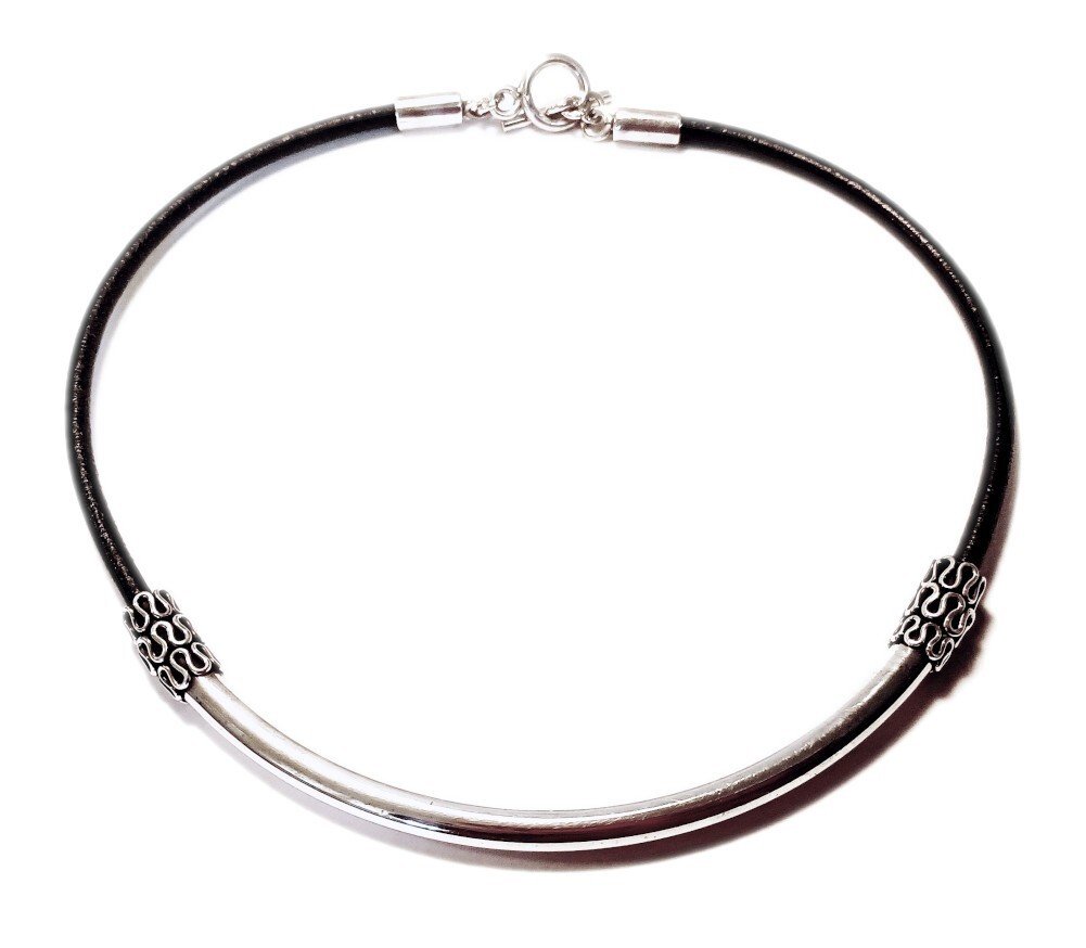 Short Black Silver Necklace Sterling Silver and Rubber Cord Simple Minimal