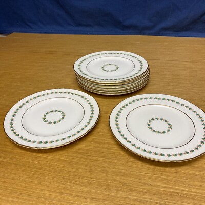 8 Royal Worcester LAREATH Aqua 7 3/4  Salad Plates w/Scalloped Gold Edge Trim