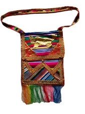 Embroidered Boho Tibetan Textile Fabric Crossbody Bag Purse Tassles Striped Bull
