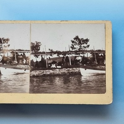 Victorian Leisure Stereoview C1870 Real Photo Boat Trip Picnic Shade Area
