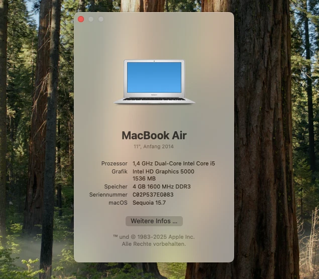 Apple MacBook Air 128GB SSD, 1,4 GHz Dual, 4GB Ram, 1,5GB Grfk, MacOS 15 Sequoia - Bild 2 von 4