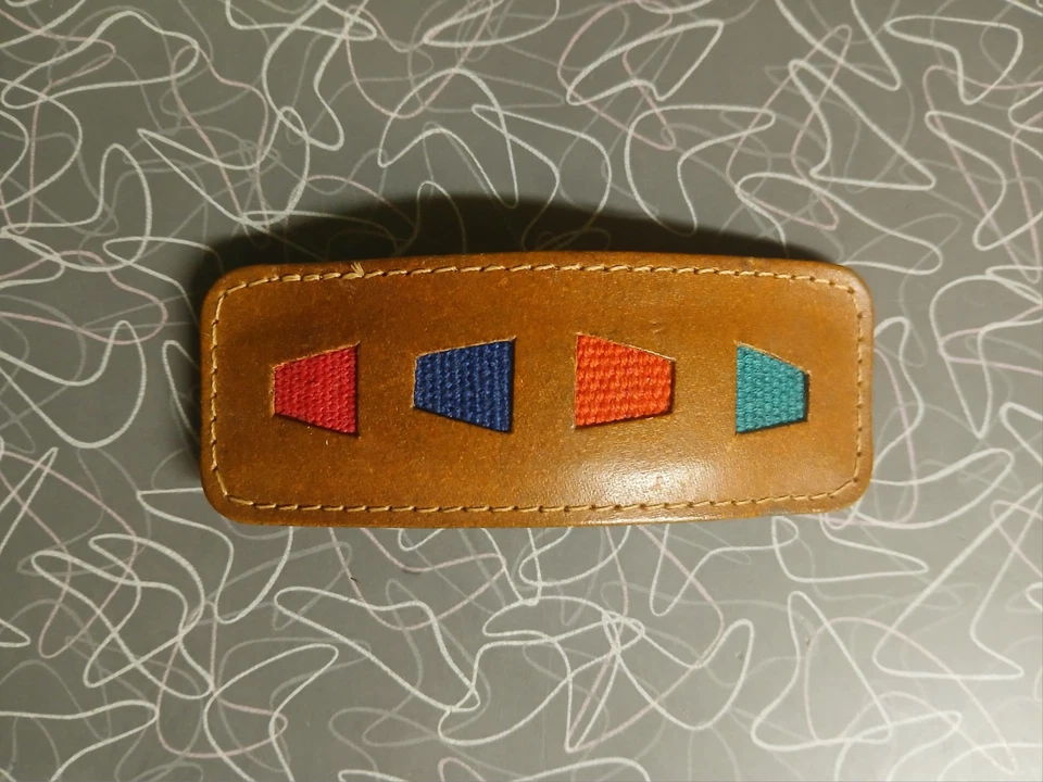 Vintage Handcrafted Leather Hair Barrette Colorful Aysemmeytical Shapes - Image 3 of 4