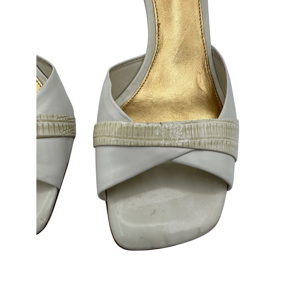 Antonio Melani Cuero Blanco Puntera Cuadrada Gatito Tacón Mules Slides Talla 8.5M Foto 2 de 4