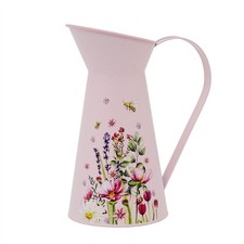 Pink Floral Metal Pitcher, 27cm Decorative Vintage Floral Tin Flower Jug Vase