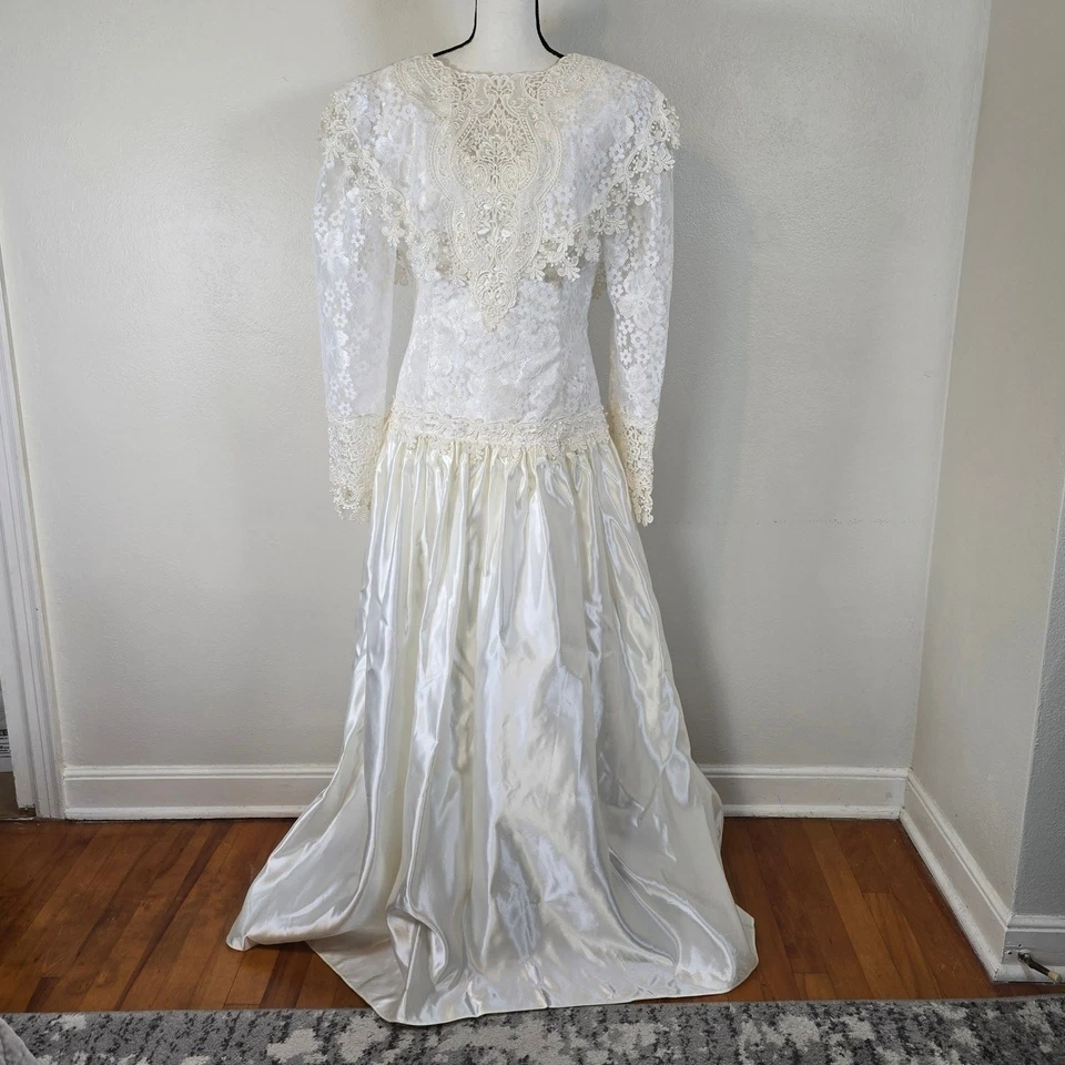 Vintage Jessica McClintock Bridal Gown 16 Cream Satin Embroidered Lace Romantic  - Image 3 of 4