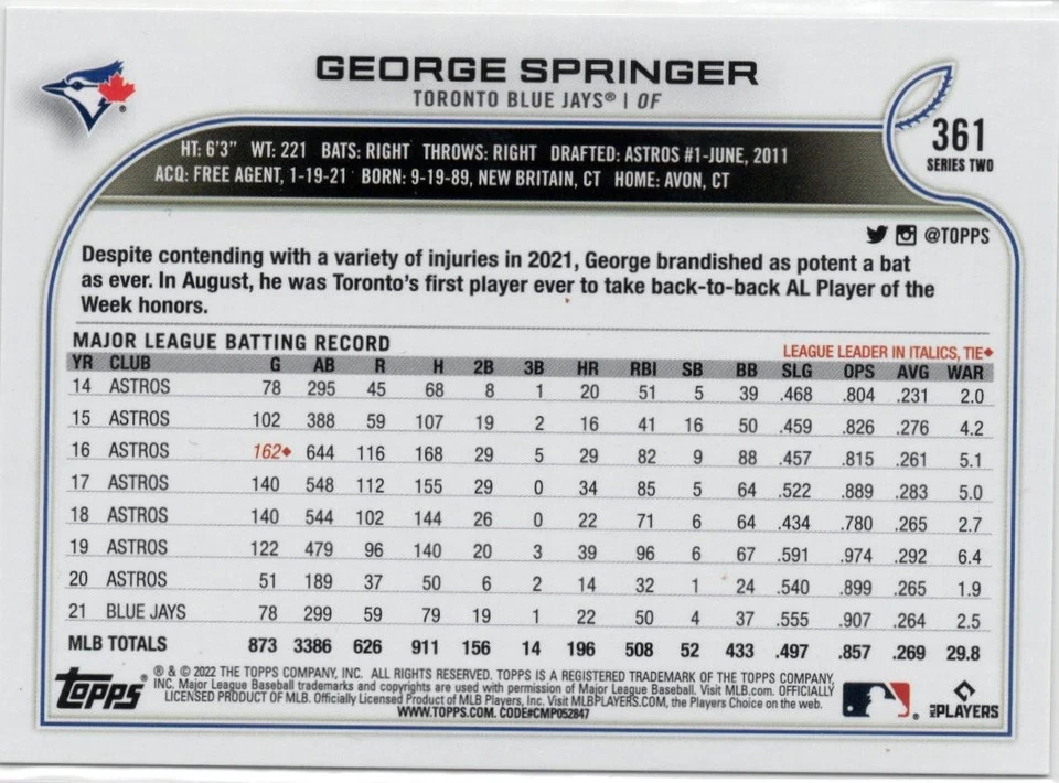 2022 Topps Series 2 Gold Foil George Springer Toronto Blue Jays #361 - Image 2 of 2