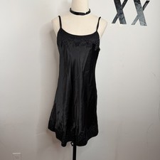 Vintage 90s Minimal Lace Overlay Eyelet Floral Scoop Back Flared Slip Dress S