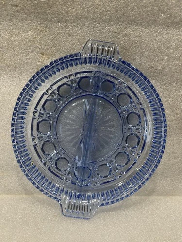 Indiana Glass Divided Relish Dish Blue Windsor Tab Handles Pressed Glass Vintage