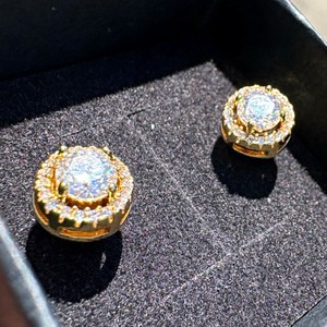 Authentic Lab-Created Moissanite Halo Stud Earrings Yellow Gold Plated Butterfly Back 0.5