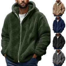Men's Solid Hooded Fleece Jacket Thick Plush Warm Layering Winter Coat