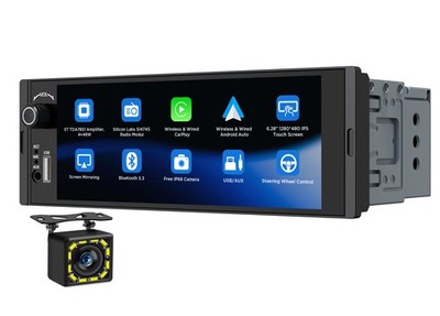 Android Auto 1 DIN 6.28 inch IPS Car Stereo CarPlay GPS Navigation Backup Camera