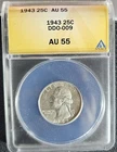 1943 Washington Quarter 25C ANACS AU55 DDO-009 Doubled Die Obverse Silver Rare