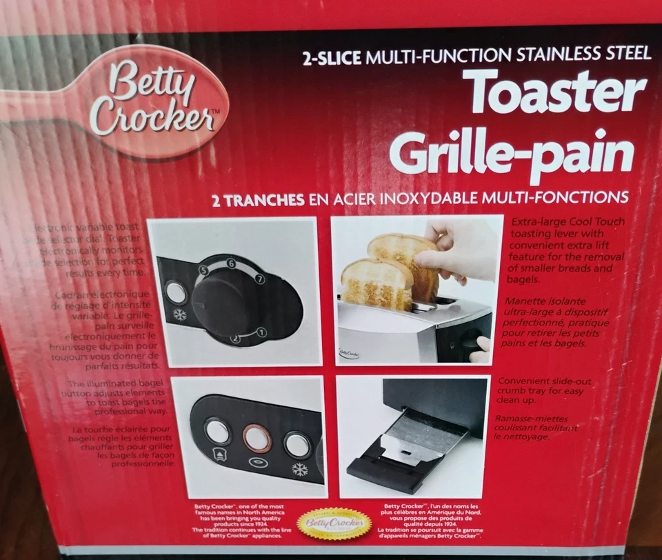 Tostadora Betty Crocker 2 Rebanadas Ranuras Anchas, Multifunción, Acero Inoxidable, Nueva Foto 3 de 3