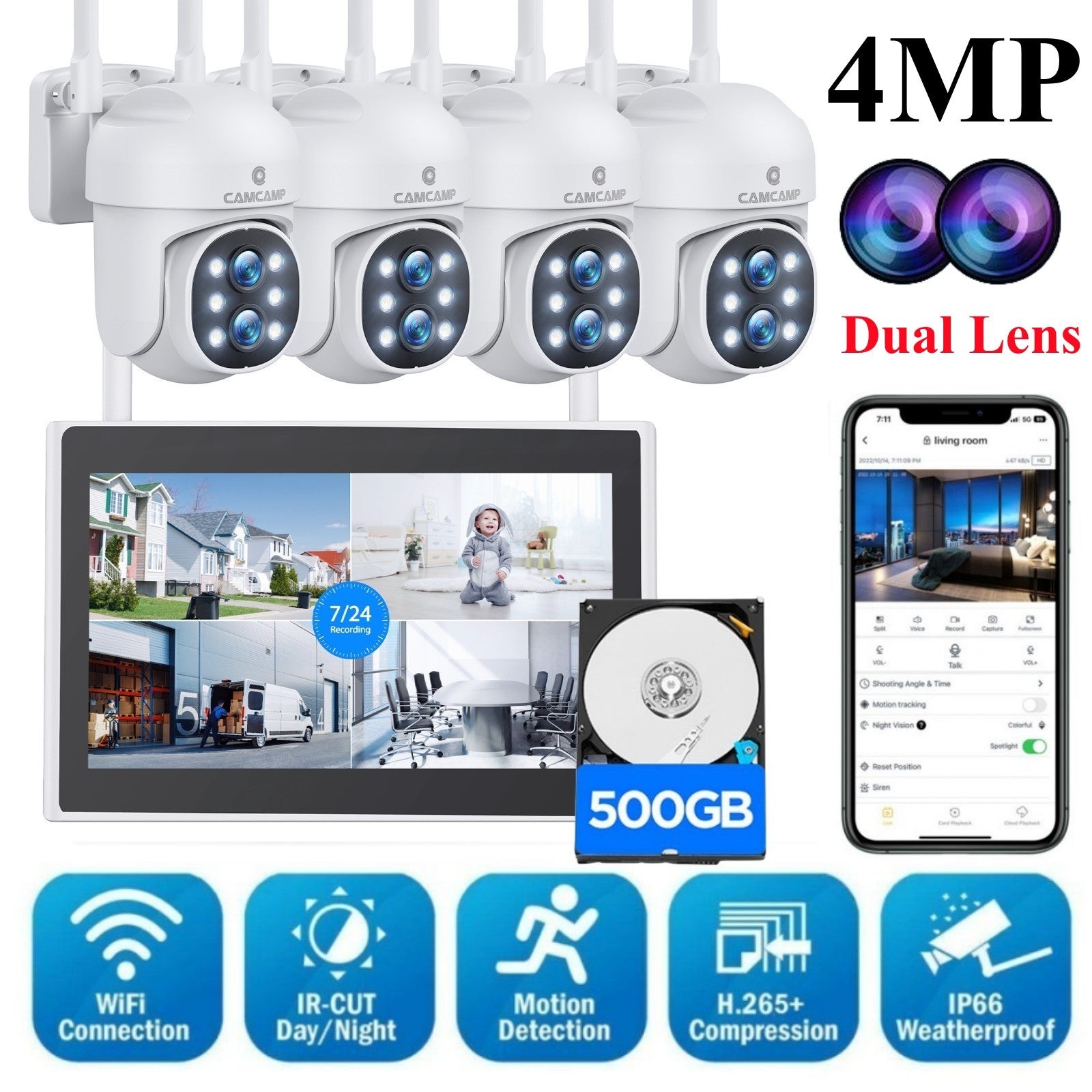 Wireless Security Camera System with Monitor WiFi Outdoor Ca