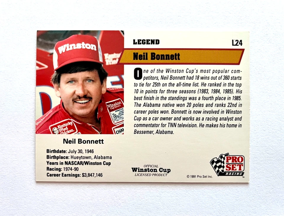 Neil Bonnett NASCAR 1991 Pro Set Legend #L24 Autographed Signed - Image 4 of 4