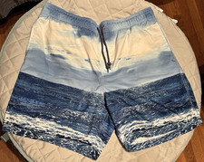 Trader Bay Men  s Blue Ocean Print Swim Trunks Mesh Liner Board Shorts Size Large