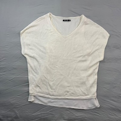 Nic+Zoe Womens S White Linen Blend Layered V-Neck Knit Cap Sleeve Top