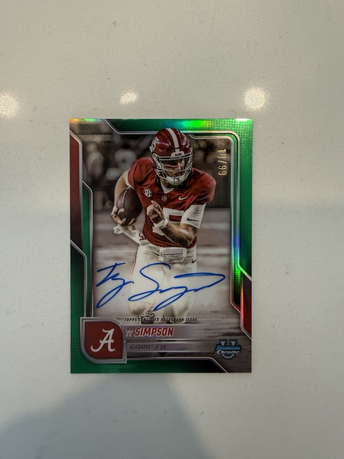 Ty Simpson 2025 Bowman Chrome Green Refractor ON CARD Auto /99 Alabama QB