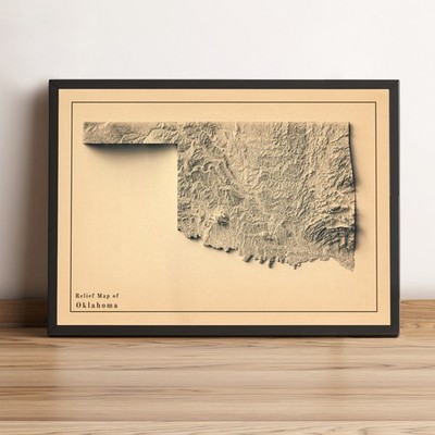 Oklahoma Map, Oklahoma 2D Relief Map, Oklahoma Vintage Map - 2D Flat Print